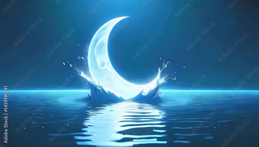 Aufkleber glowing crescent moon over water ramadan graphic for web design and branding