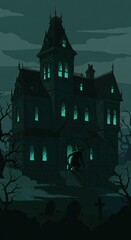 Obraz premium Haunted Mansion at Night: A Spooky Halloween Illustration