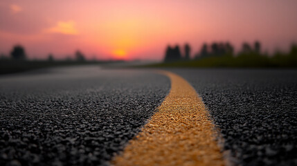 Close-up of asphalt road texture with yellow line, blurred sunset background, conveying journey, travel, or new beginning concept
