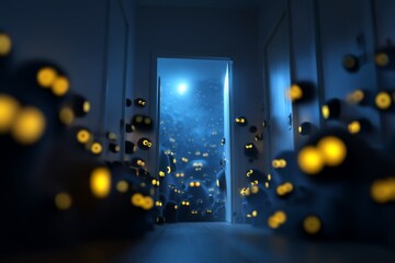 Naklejka premium A dark, corridor with dozens of glowing cartoon eyes peeking from shadows, moonlight shining in, monochrome blues with pops of yellow glow, eerie yet playful atmosphere 