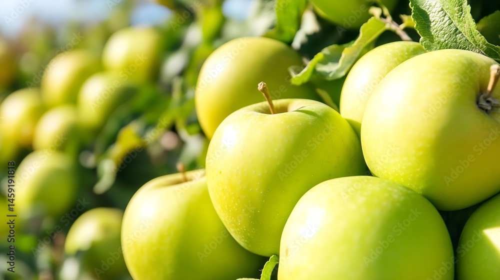 Poster close-up view of ripe, green apples hanging on a tree branch, bathed in sunlight. the apples are clu