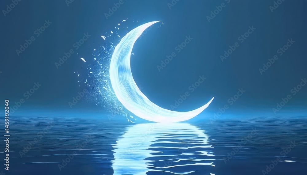 Aufkleber glowing crescent moon over water ramadan graphic for web design and branding