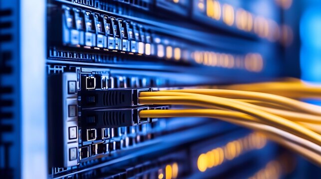 Close-up of fiber optic cables connected to a network server, showcasing the intricate details of data transfer technology. : Generative AI - Powered by Adobe