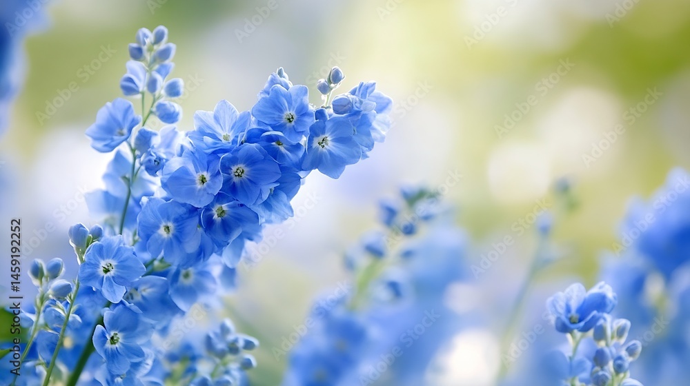 Poster close-up view of delicate light blue delphinium flowers, blooming in a soft-focus garden setting, ba