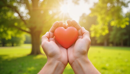 Hands holding a heart symbolizing love in a sunny park  