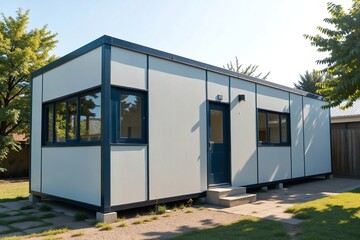 Prefabricated School Classroom Module Exterior Featuring Sleek Design, Expansive Glazing, Located in a School Playground Area, Temporary and Practical