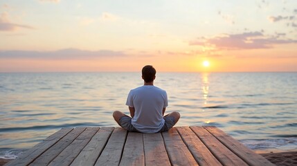 Man meditates in lotus position on wooden dock at sunset, ocean view, peaceful serene moment of contemplation and relaxation. : Generative AI