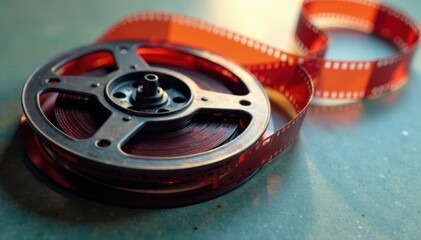 Close-up of vintage film reel with tangled film strips, old, dusty