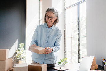Portrait of a smiling Caucasian small business owner working on laptop in warehouse, preparing parcels for delivery. Female smile and pose for camera in storeroom with cardboard boxes.