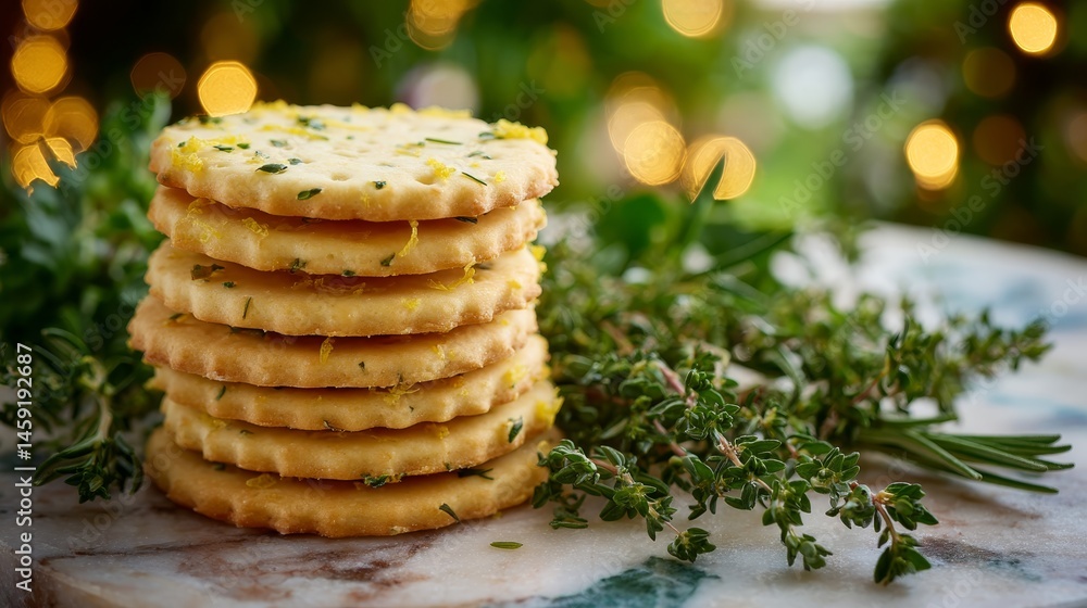 Poster Close-up view of a stack of lemon biscuits on a polished stone slab, surrounded by fresh herbs and soft, inviting light creating a serene atmosphere
