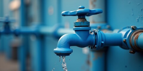 Water dripping from blue faucet