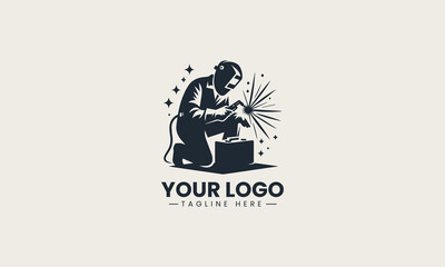 Welder silhouette creating sparks while working in vector logo illustration with industrial theme