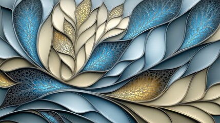 Abstract stained glass image with organic curving lines in a foliage pattern, in yellow, blue and white