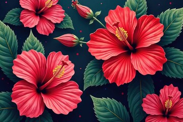 Bold hibiscus print, stylized blooms, rich color variations , blossom, crimson