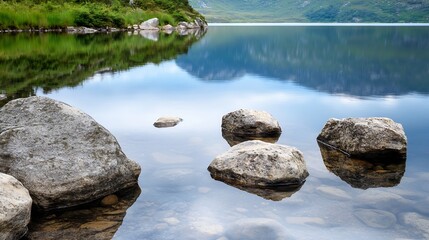 Fototapeta premium Serene mountain lake reflecting sky and greenery, with several smooth grey rocks partially submerged in crystal-clear water near the shore. : Generative AI