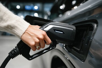 Naklejka premium A person plugs a charging cable into an electric vehicle at a charging station.