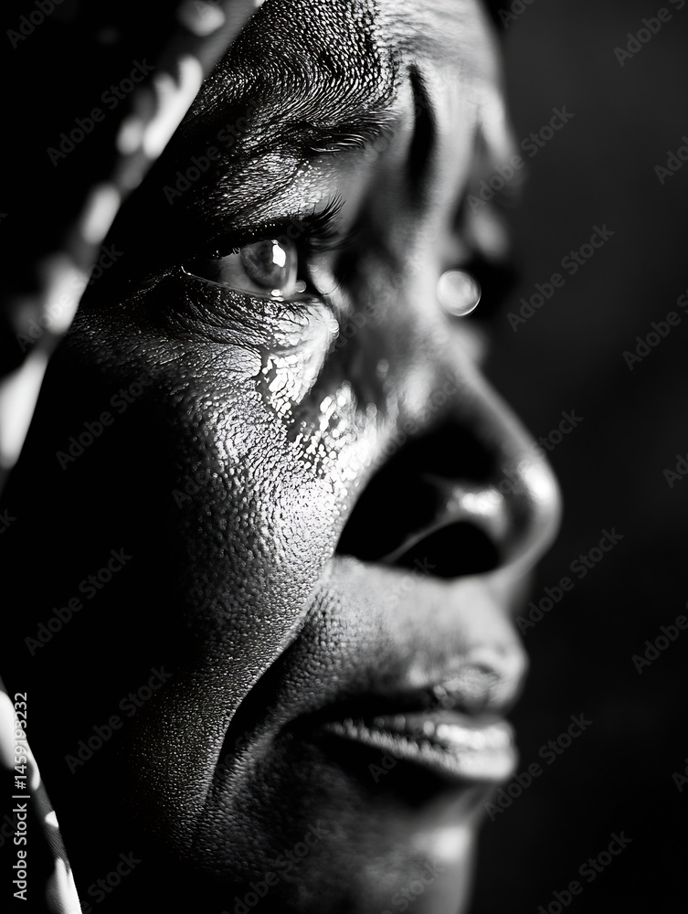Poster close-up profile of a woman's face, tears streaming down her cheek, showcasing deep emotion and sorr