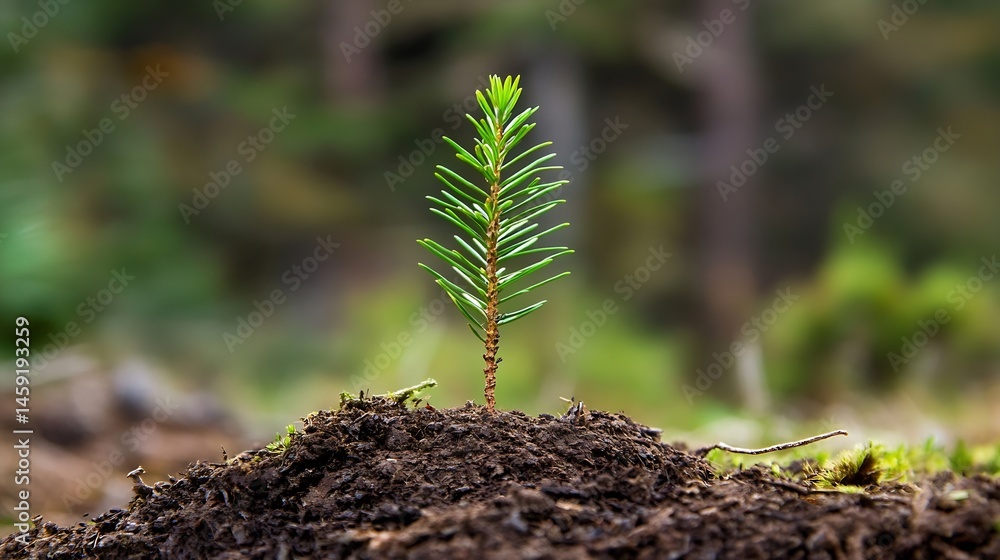 Poster a tiny spruce seedling emerges from dark soil, its vibrant green needles contrasting against a blurr