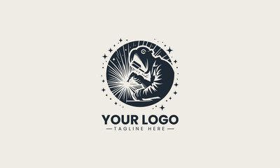 Welder silhouette creating sparks while working in vector logo illustration with industrial theme