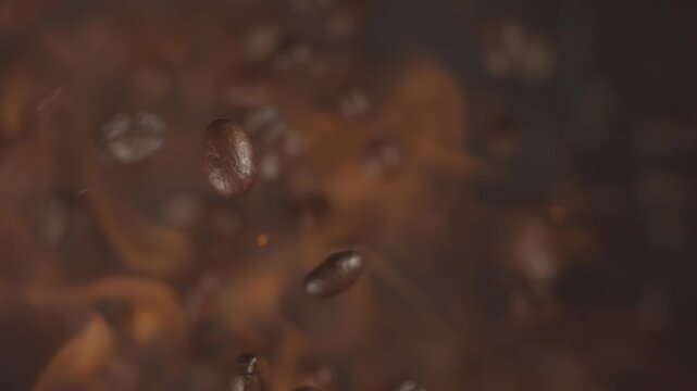 Roasted beans tumbling through warm smoke on a dark field. Fresh roastery and coffee aroma