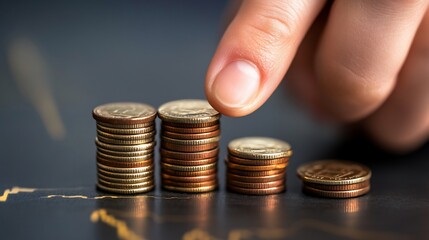 A finger places a coin atop a growing stack of coins