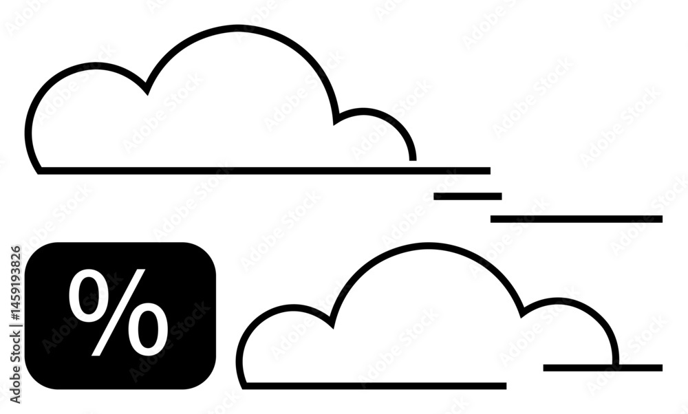 Poster minimalist clouds with speed lines and a percentage block, suggesting weather data. ideal for meteor