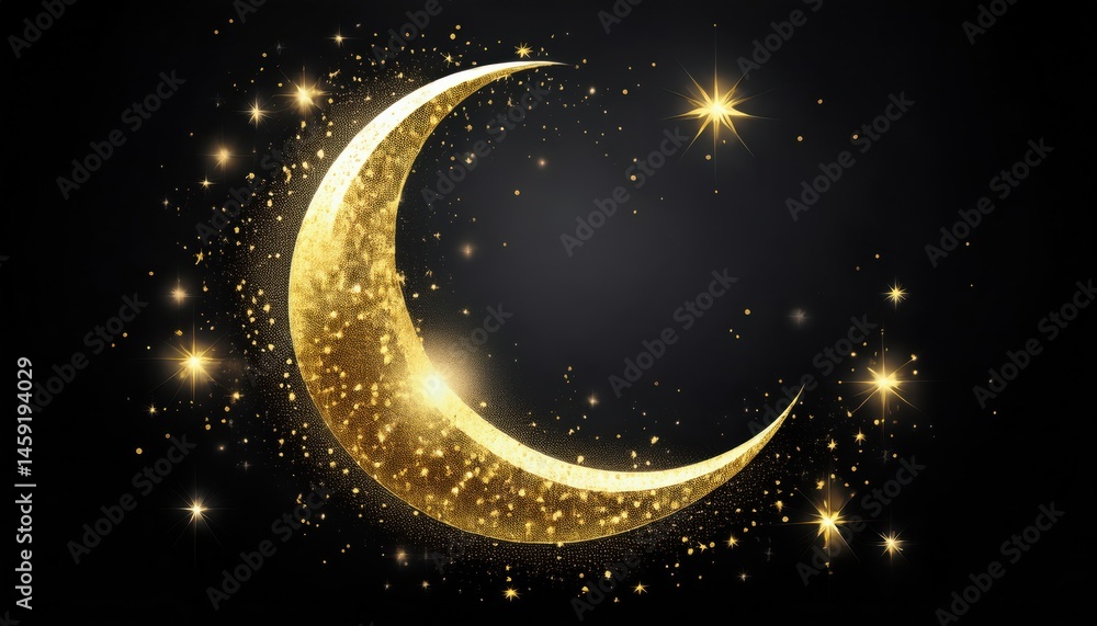 Poster golden crescent moon with sparkling stars ramadan graphic for web design and print media