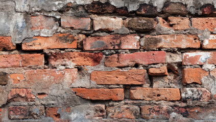 Obraz premium A weathered, old brick wall texture showing aged red bricks, crumbling mortar, and various shades of discoloration from time and exposure.