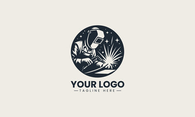 Silhouette of welder wearing protective gear working with bright sparks in vector logo illustration design
