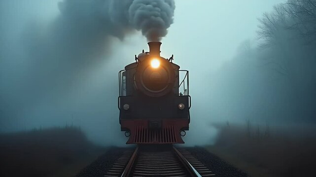 Old-fashioned steam locomotive passing through fields  
