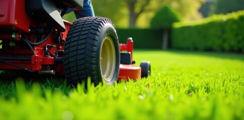 Close-up shot of zero turn mower slicing through blades of grass on a pristine lawn, grass cutting tips, landscaping supplies
