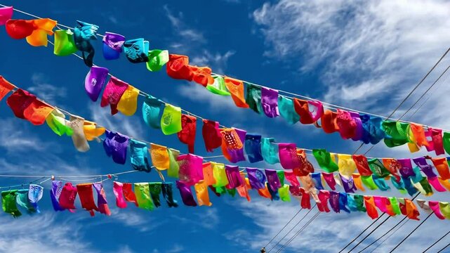 Colorful papel picado banners flutter against a bright blue sky, enhancing a festive atmosphere
