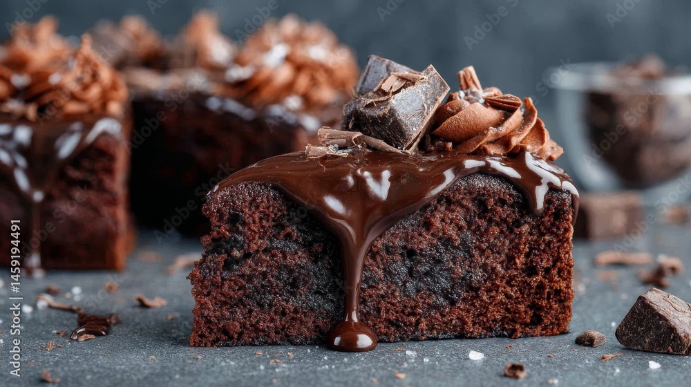Poster rich slice of chocolate cake oozing with dark ganache, adorned with chocolate curls, showcased in a 