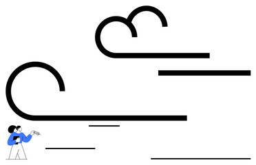 Black swirling wind lines flow across the frame as a person with a blue jacket holds a camera in the corner. Ideal for nature, creativity, photography, motion, minimalism, observation, abstract art