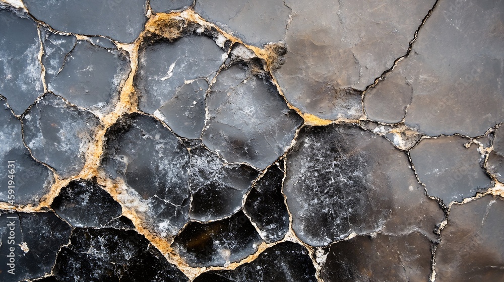 Poster abstract dark grey and black stone texture with cracks and yellow mineral veins, detailed close-up v