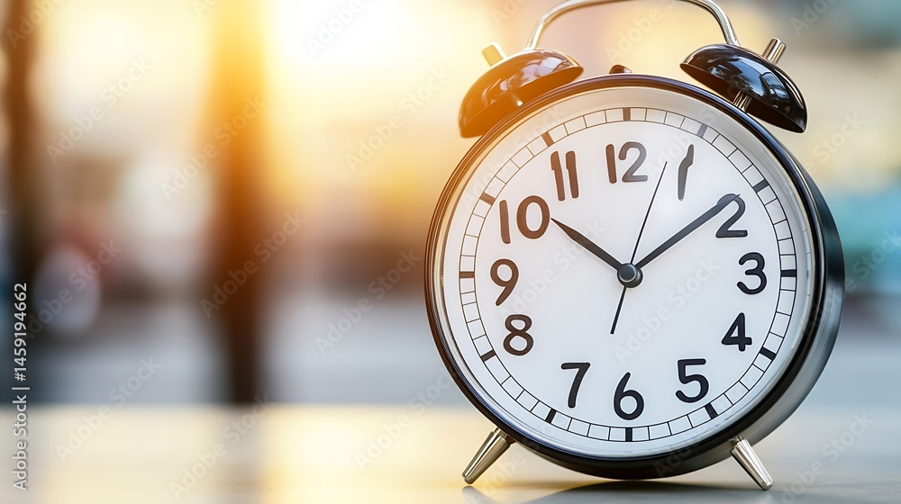 Poster a classic black alarm clock with a white face sits on a table, bathed in warm sunlight, against a bl