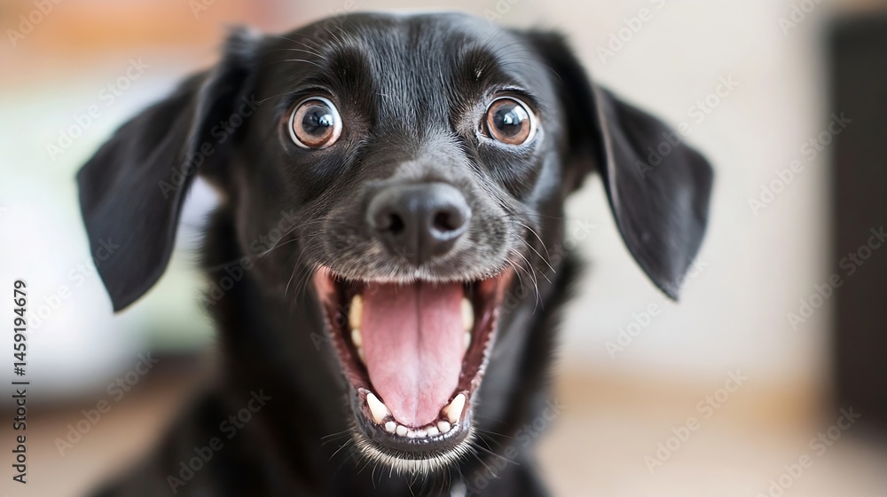 Poster close-up portrait of a happy, black dog with wide eyes and open mouth, showing teeth and tongue. the