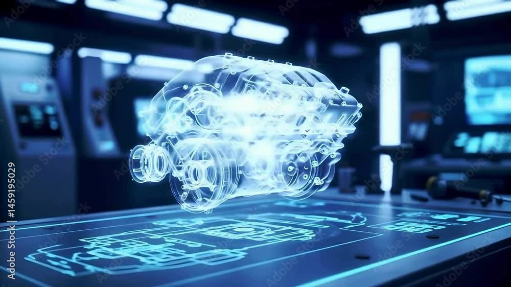 Aufkleber Futuristic Engineering: Holographic Engine Part Overlaid on Blueprint in Augmented Reality