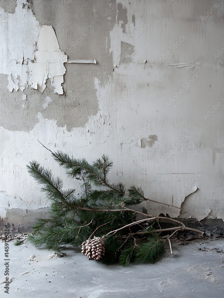 Aufkleber a discarded pine branch with a large cone rests on a floor against a wall with peeling paint, evokin