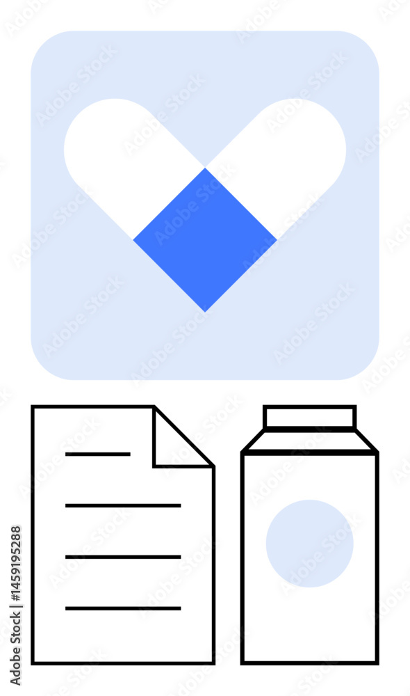 Poster heart emblem in blue and white color above a document with lines and a carton package. ideal for hea