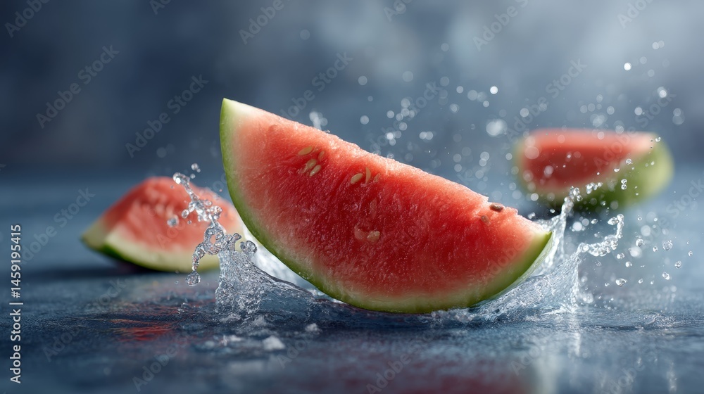Poster A large slice of watermelon is splashing into water, creating a dynamic scene with droplets scattering mid-air against a dark backdrop, perfect for summer vibes
