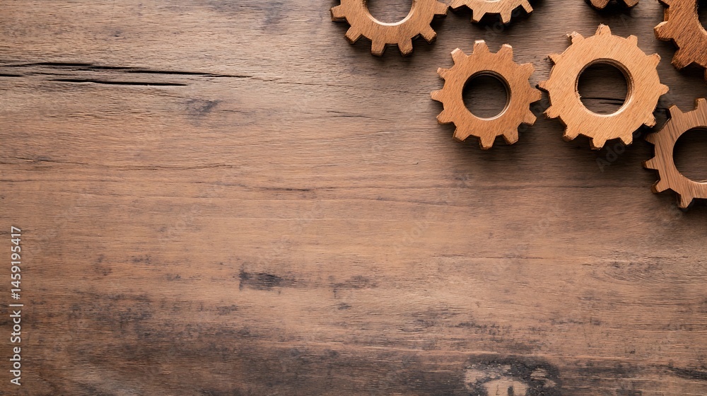 Poster wooden gears on a rustic brown wood surface, offering copy space for text or design elements. perfec