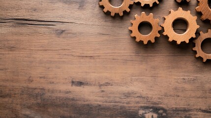 Wooden gears on a rustic brown wood surface, offering copy space for text or design elements.  Perfect for concepts related to teamwork, mechanics, or industry. : Generative AI