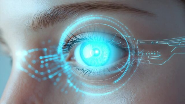 Close-up biometric scan of the female eye showcasing modern virtual reality concepts