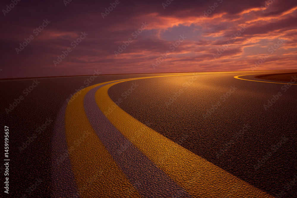 Poster asphalt road curves gently under a sunset sky, yellow lines marking path, creating a sense of journe