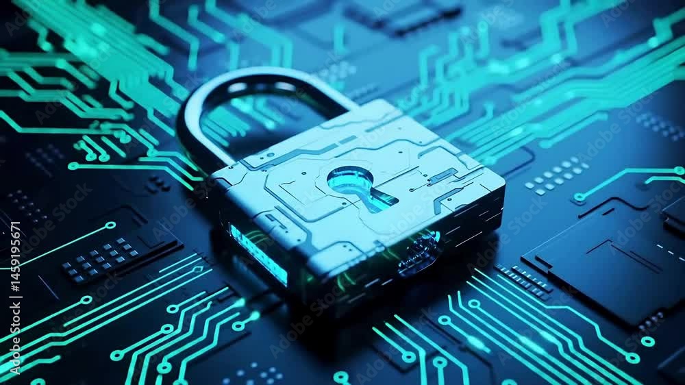 Aufkleber securing data: digital padlock symbolizing cybersecurity on tech board