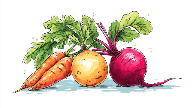 Colorful illustration of fresh root vegetables including orange carrots, yellow beet, and red beet with green leaves, showcasing natural and healthy produce