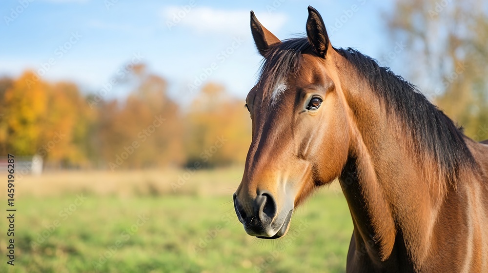 Poster portrait of a chestnut horse in an autumnal field, sunlight illuminating its coat, showcasing its ca