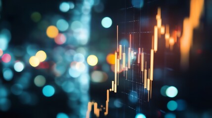 Abstract candlestick chart graphic with blurred city lights at night, depicting financial market trends and data visualization. : Generative AI