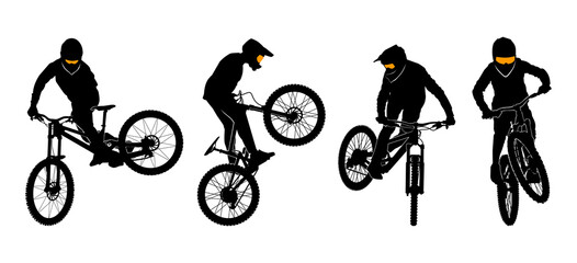 Silhouettes of extreme mountain bikers performing stunts mid-air, showcasing agility and dynamic motion in freestyle cycling.